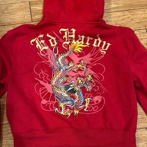 Ed Hardy Y2K Baddie’s Women’s Cropped Red Hoodie with Dragon Design M